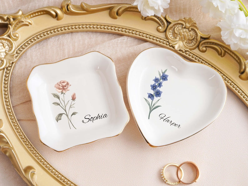 Personalized Jewelry Dish,Birth Month Flower Ring Dish,Bridesmaid Gifts,Birthday Jewelry Dish,bridesmaid proposal,Birthday Gift for Her
