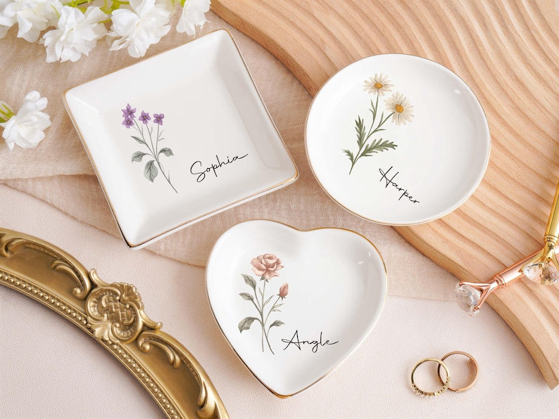 Personalized Jewelry Dish,Birth Month Flower Ring Dish,Bridesmaid Gifts,Birthday Jewelry Dish,bridesmaid proposal,Birthday Gift for Her