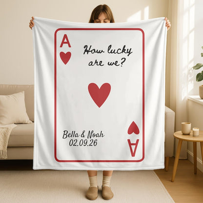 Custom Engagement Wedding Blanket,Personalized Couple Anniversary Throw with Name Date,Valentines Day Gift,Ace Playing Card Newlywed Blanket