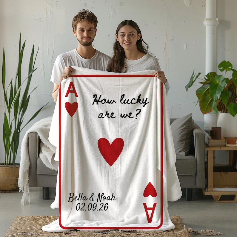 Custom Engagement Wedding Blanket,Personalized Couple Anniversary Throw with Name Date,Valentines Day Gift,Ace Playing Card Newlywed Blanket