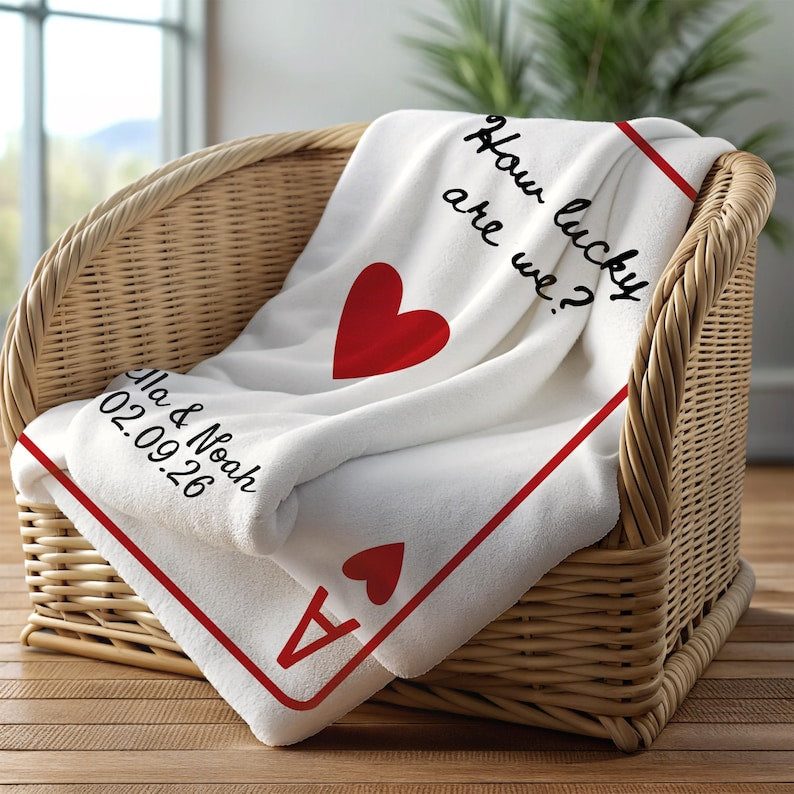 Custom Engagement Wedding Blanket,Personalized Couple Anniversary Throw with Name Date,Valentines Day Gift,Ace Playing Card Newlywed Blanket