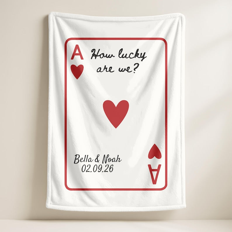 Custom Engagement Wedding Blanket,Personalized Couple Anniversary Throw with Name Date,Valentines Day Gift,Ace Playing Card Newlywed Blanket