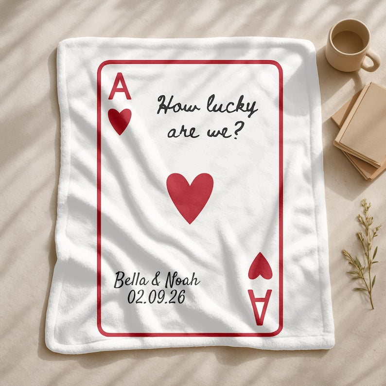 Custom Engagement Wedding Blanket,Personalized Couple Anniversary Throw with Name Date,Valentines Day Gift,Ace Playing Card Newlywed Blanket
