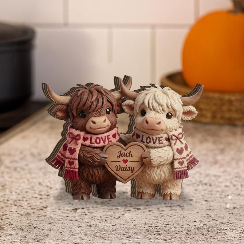 Personalized Wooden Block, Highland Cow Couple Figurine, Tabletop Shelf Decor, Farmhouse Home Accent