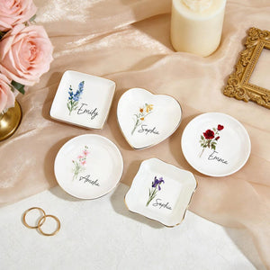 Personalised Birth Flower Ring Dish, Watercolor Floral Trinket Dish for Her, Birthday Jewelry Dish, Bridesmaid Gift, Mother's Day Gift