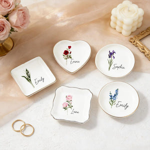 Personalised Birth Flower Ring Dish, Watercolor Floral Trinket Dish for Her, Birthday Jewelry Dish, Bridesmaid Gift, Mother's Day Gift
