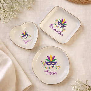 Personalized Mardi Gras Trinket Dish, Custom Mardi Gras Mask Ring Dish with Name, Fat Tuesday Ring Tray, Mardi Gras Gift for Her