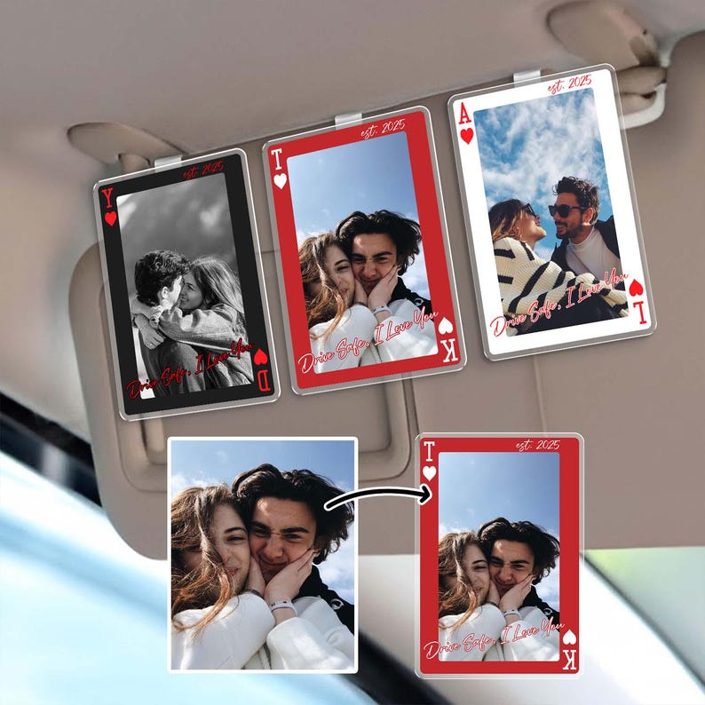 Personalized Photo Playing Card Sun Visor Clip: Custom Couple Car Visor Clip, Valentine Gift for Boyfriend