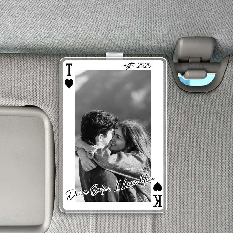 Personalized Photo Playing Card Sun Visor Clip: Custom Couple Car Visor Clip, Valentine Gift for Boyfriend
