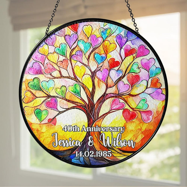 Anniversary Wedding Stained Glass Suncatcher, Window Hangings, Suncatcher Decor, Engagement Gift, Couple Gift, Valentine Suncatcher