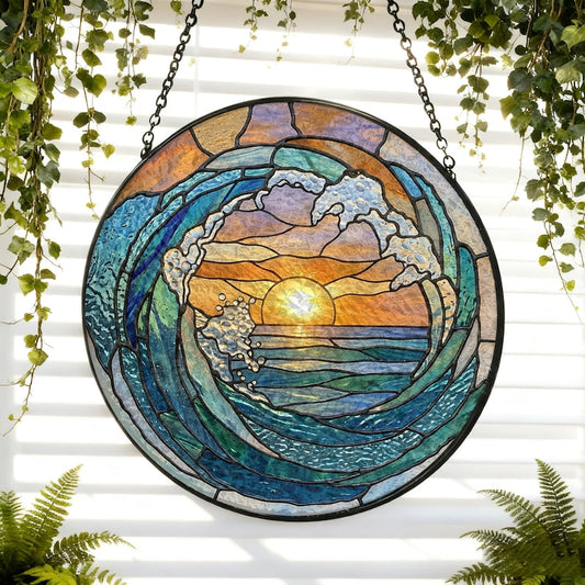 Ocean Wave Stained Glass Suncatcher Beach Coastal Glass Suncatcher Handmade Beach House Window Hanging Ocean Suncatcher Gift