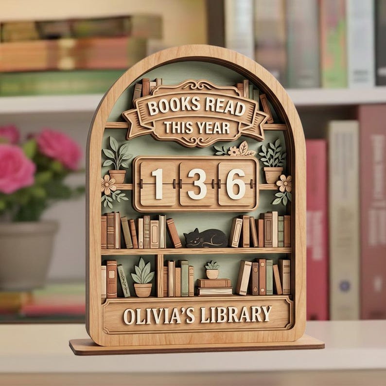 Vintage Wooden Book Tracker Sign, Personalized Reading Counter, Books Read This Year Decor, Custom Library Gift for Book Lovers