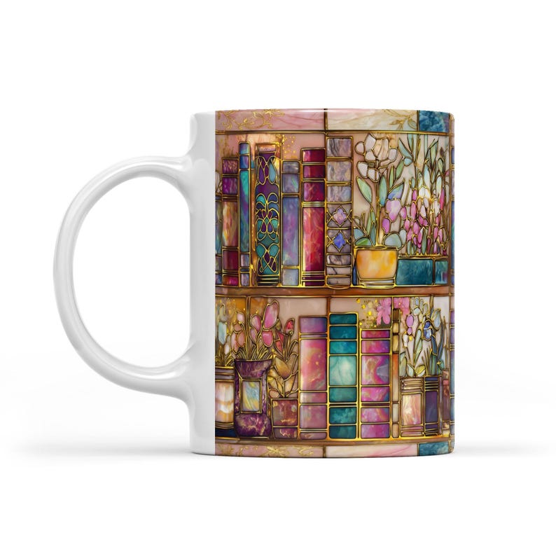 Printed Faux Stained Glass Bookshelf Mug, Book Lover Coffee Cup, Floral Library Art Mug, Reader Gift, Aesthetic Bookish Mug
