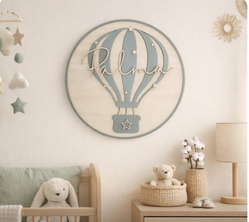 Personalised Hot Air Balloon Name Sign | Nursery Wall Decor | Custom Baby Name Plaque | Wooden Round Wall Hanging | Baby Shower Gift | Boho