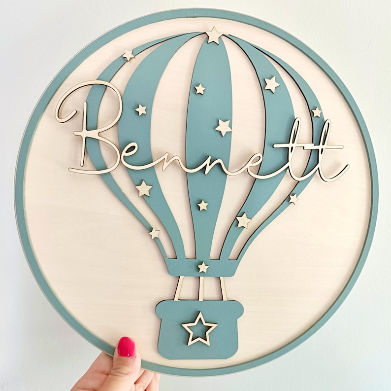 Personalised Hot Air Balloon Name Sign | Nursery Wall Decor | Custom Baby Name Plaque | Wooden Round Wall Hanging | Baby Shower Gift | Boho