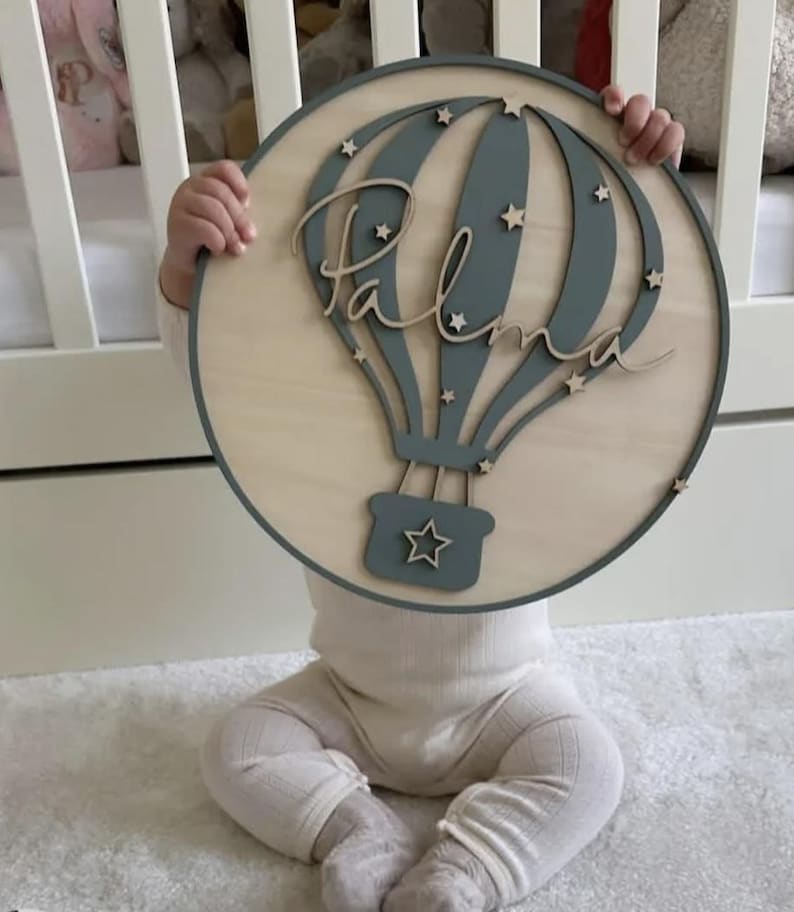 Personalised Hot Air Balloon Name Sign | Nursery Wall Decor | Custom Baby Name Plaque | Wooden Round Wall Hanging | Baby Shower Gift | Boho