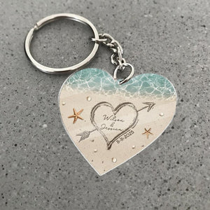 Sand Heart Custom Name Keychain, Personalized Couple Beach Keychain, Custom Names & Date Keyring, Romantic Anniversary Gift for Him Her