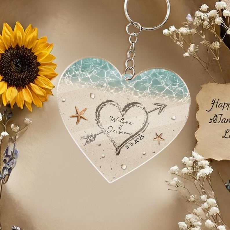 Sand Heart Custom Name Keychain, Personalized Couple Beach Keychain, Custom Names & Date Keyring, Romantic Anniversary Gift for Him Her