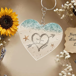 Sand Heart Custom Name Keychain, Personalized Couple Beach Keychain, Custom Names & Date Keyring, Romantic Anniversary Gift for Him Her