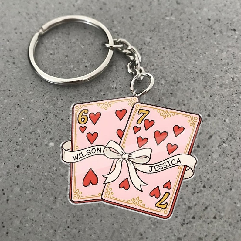 Personalized Playing Card Couple Keychain, Custom Name Rearview Mirror Charm, Romantic Valentine Anniversary Gift for Him Her
