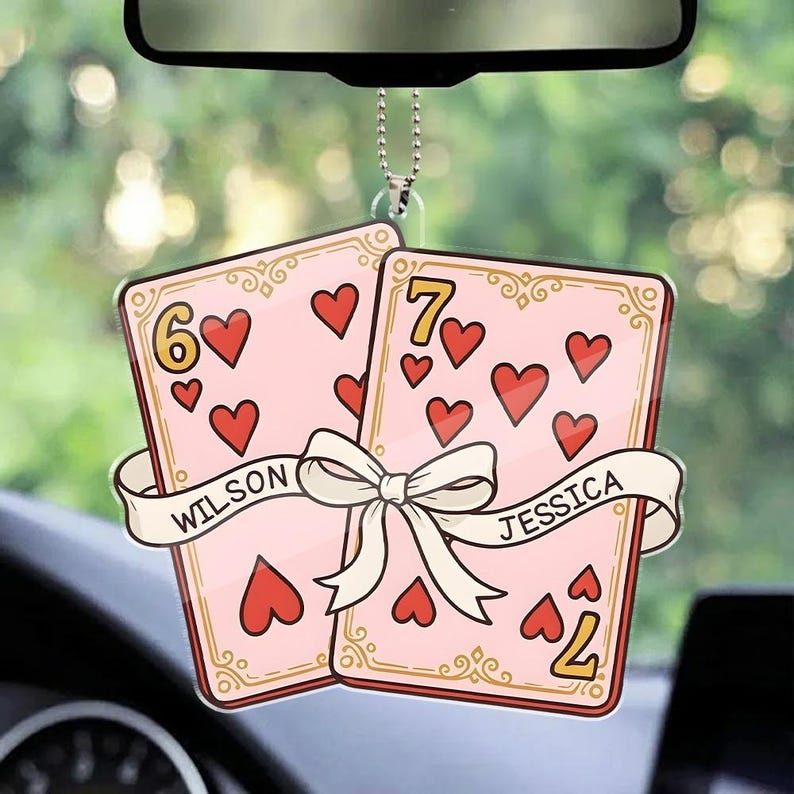 Personalized Playing Card Couple Car Ornament, Custom Name Rearview Mirror Charm, Romantic Valentine Anniversary Gift for Him Her.