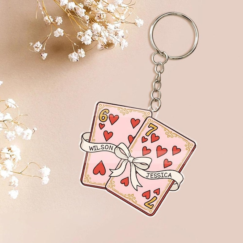 Personalized Playing Card Couple Keychain, Custom Name Rearview Mirror Charm, Romantic Valentine Anniversary Gift for Him Her