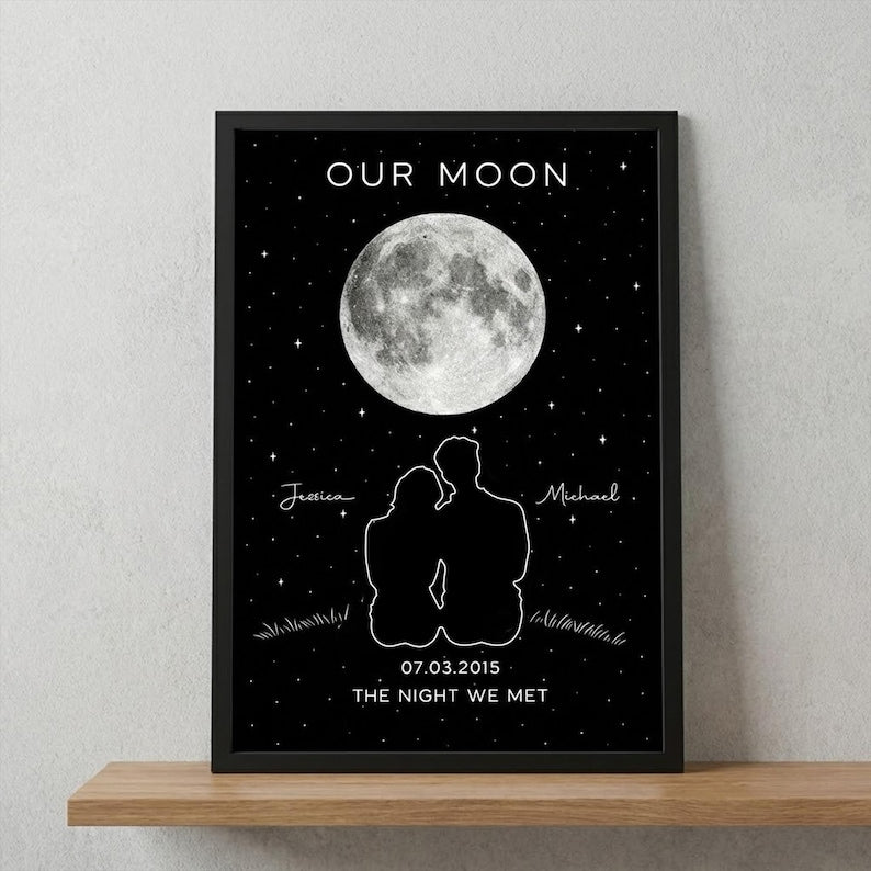 Our Moon Personalized Couple Print, Custom Moon Phase Wall Art, Anniversary Gift for Couples, The Night We Met Keepsake