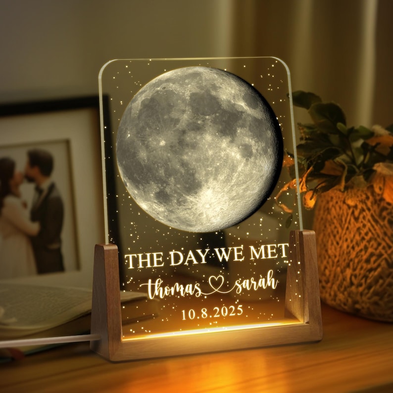 The Day We Met Personalized Moon Phase by Date Gift, Valentines Day Gift, Anniversary Gifts for Him, Our First Date Night Light,Couples Gift