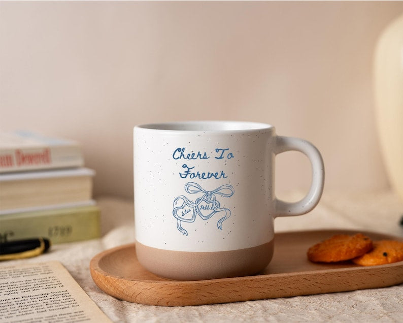 Personalized Engagement Pottery Mug, Cheers to Forever Mug, Wedding Gift, Engaged Mug Gift For Her Him, Anniversary Gift for Wife