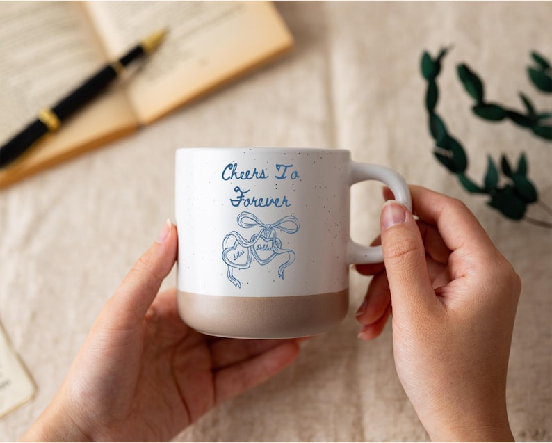 Personalized Engagement Pottery Mug, Cheers to Forever Mug, Wedding Gift, Engaged Mug Gift For Her Him, Anniversary Gift for Wife
