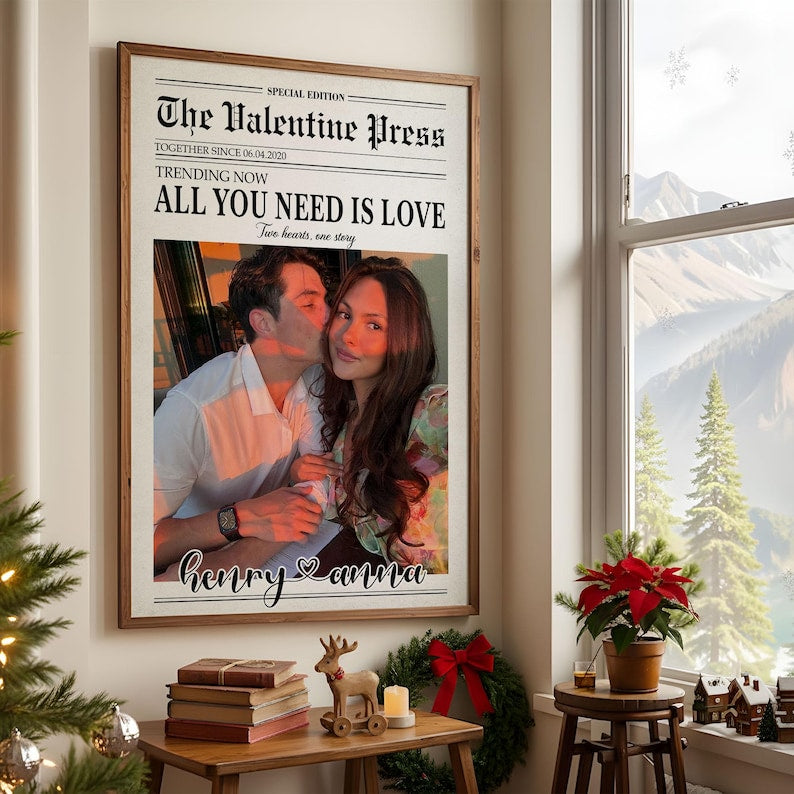 Custom Newspaper Print, Couple Gift, Romantic Couple Names Above Bed Decor, Custom Gift For Him Valentine Gift Decor, Birthday Gift For Her