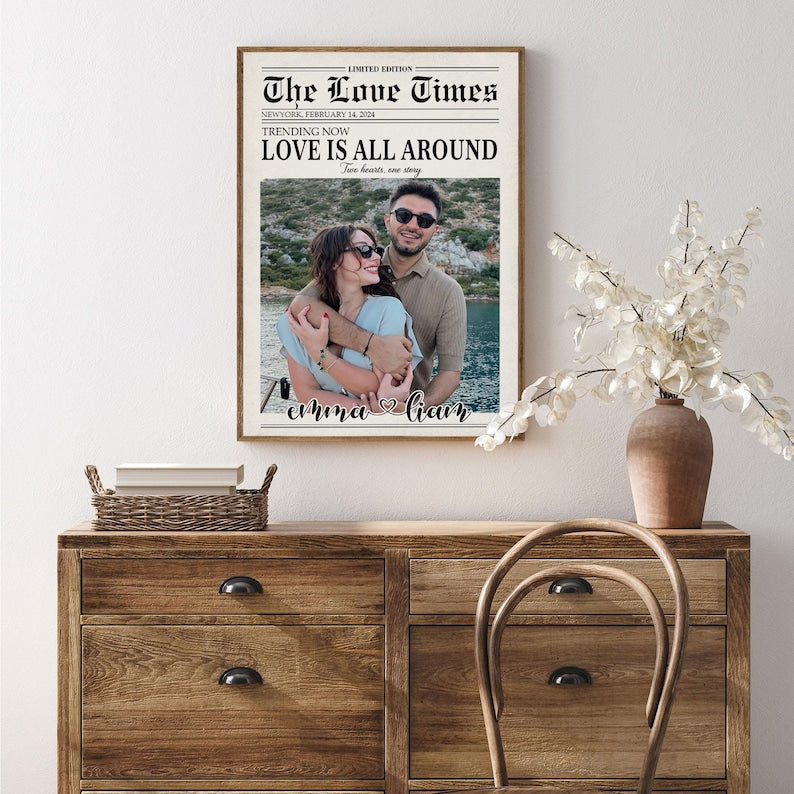 Custom Newspaper Print, Couple Gift, Romantic Couple Names Above Bed Decor, Custom Gift For Him Valentine Gift Decor, Birthday Gift For Her