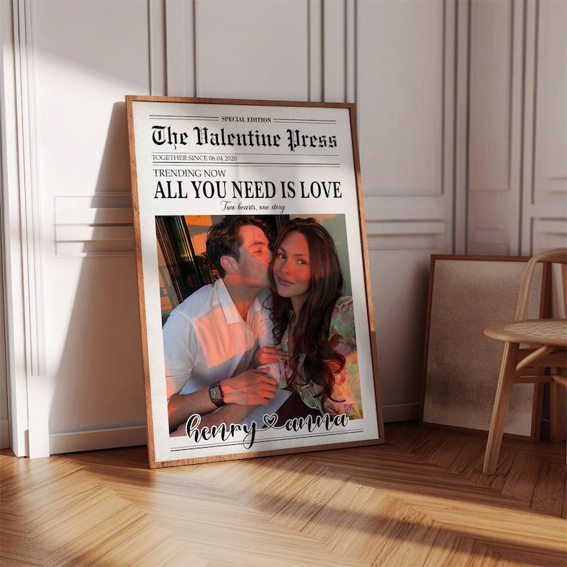 Custom Newspaper Print, Couple Gift, Romantic Couple Names Above Bed Decor, Custom Gift For Him Valentine Gift Decor, Birthday Gift For Her