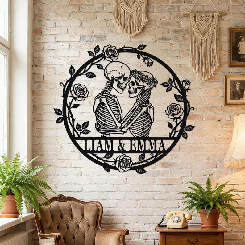 Custom Skeleton Couple Metal Sign, Personalized Skull Name Sign, Skull Couple Wall Art, Gothic Wedding Anniversary Sign, Valentines Gift
