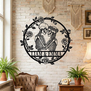 Custom Skeleton Couple Metal Sign, Personalized Skull Name Sign, Skull Couple Wall Art, Gothic Wedding Anniversary Sign, Valentines Gift