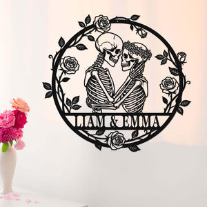 Custom Skeleton Couple Metal Sign, Personalized Skull Name Sign, Skull Couple Wall Art, Gothic Wedding Anniversary Sign, Valentines Gift