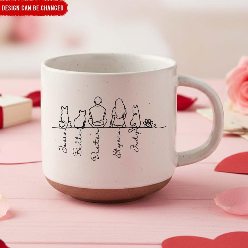 Love Grows Best On Four Paws - Personalized Couple & Pet Line Art Mug, Couple Pottery Mug, Unique Gift For Valentine Gift, Couple Coffee Cup