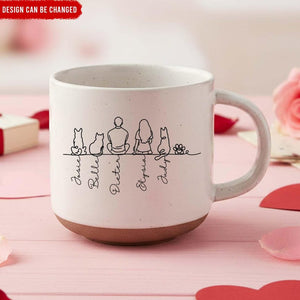 Love Grows Best On Four Paws - Personalized Couple & Pet Line Art Mug, Couple Pottery Mug, Unique Gift For Valentine Gift, Couple Coffee Cup