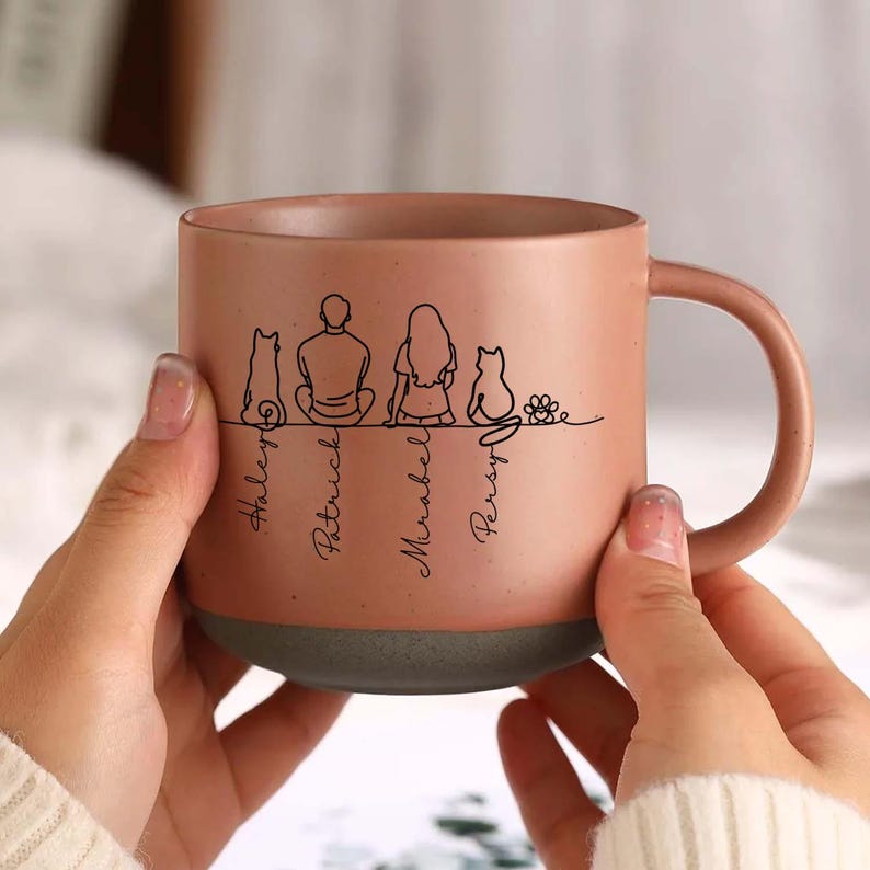 Love Grows Best On Four Paws - Personalized Couple & Pet Line Art Mug, Couple Pottery Mug, Unique Gift For Valentine Gift, Couple Coffee Cup