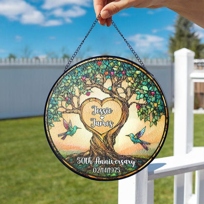Personalized 25th Anniversary Glass Suncatcher, Stained Glass Tree of Life, Customized Name Date Gift for Couple, Wedding Marriage Keepsake