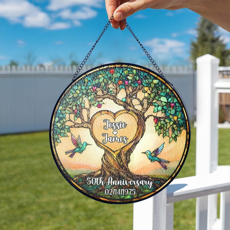 Personalized 25th Anniversary Glass Suncatcher, Stained Glass Tree of Life, Customized Name Date Gift for Couple, Wedding Marriage Keepsake