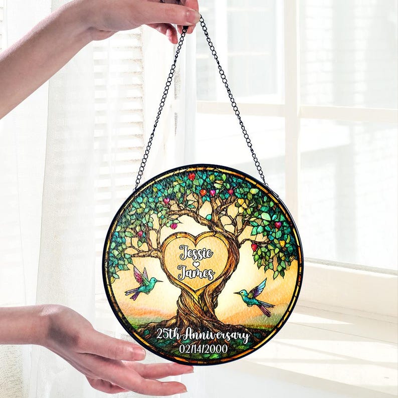 Personalized 25th Anniversary Glass Suncatcher, Stained Glass Tree of Life, Customized Name Date Gift for Couple, Wedding Marriage Keepsake