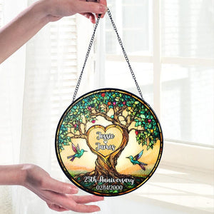 Personalized 25th Anniversary Glass Suncatcher, Stained Glass Tree of Life, Customized Name Date Gift for Couple, Wedding Marriage Keepsake