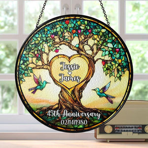 Personalized 25th Anniversary Glass Suncatcher, Stained Glass Tree of Life, Customized Name Date Gift for Couple, Wedding Marriage Keepsake