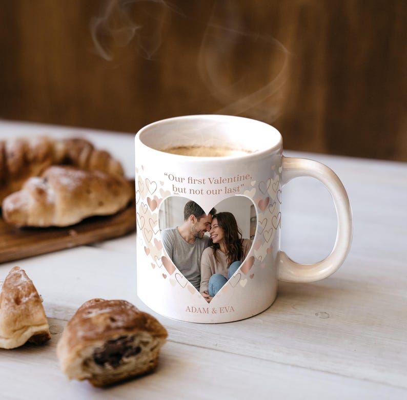 Heart Photo Valentine Mug, Personalized First Valentine Mug for Couple, Cute Romantic Gift with Picture and Names