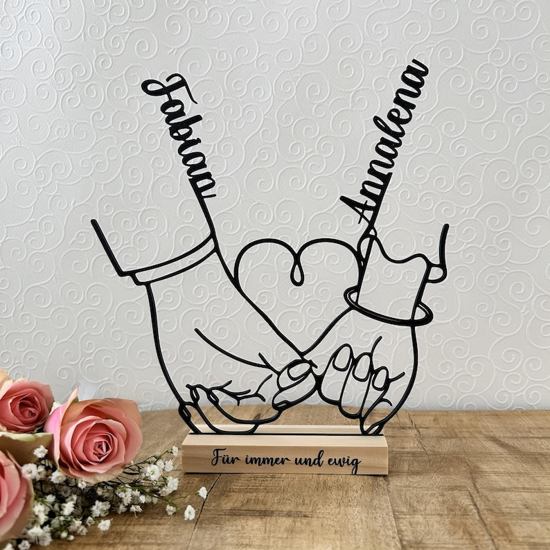 Personalized Wedding & Anniversary Gift | Line Art Decor | 3D Printed Hands Standee | Valentine's Day Couple Gift with Names