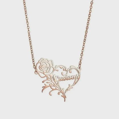 Custom Name Rose Heart Charm Necklace Romantic Personalized Stainless Steel Flower Pendant Collar Women Jewelry Girlfriend/Valentine Gift/Mother's Day Gift