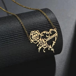Custom Name Rose Heart Charm Necklace Romantic Personalized Stainless Steel Flower Pendant Collar Women Jewelry Girlfriend/Valentine Gift/Mother's Day Gift