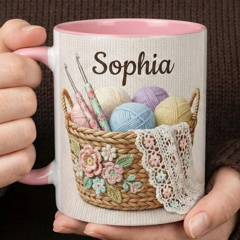 Custom Crochet Lover Accent Mug, Pastel Yarn Ceramic Cup, Knitting & Sewing Coffee Mug, Gift for Mom, Gift For Mother's Day