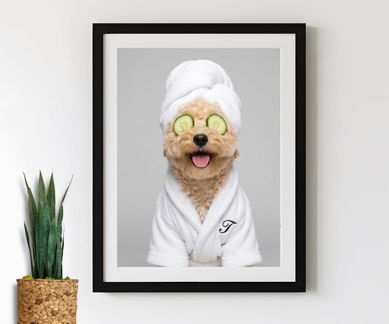 Custom Dog Bathroom Portraits Funny Pet Spa Art Prints, Personalized Dog in Bathrobe, Cucumber eyes